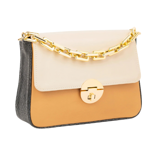 Two Tone Handbag with Twist Lock and Golden Chain