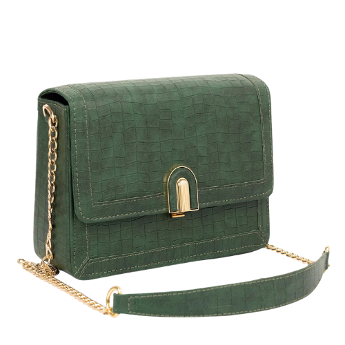Textured Handbag with Push Lock and Chain Strap